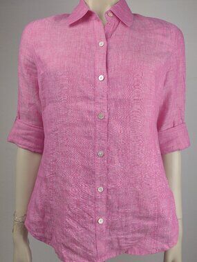 Tommy Bahama pink 100% Linen tabbed sleeve button front shirt ladies XS X-Small